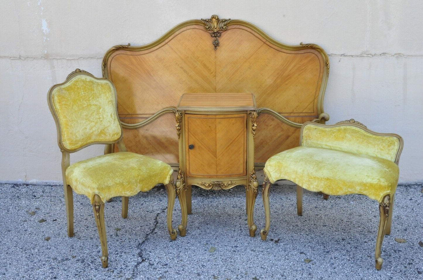 Antique French Louis XV Carved Satinwood 9 Pc Bedroom Set Dresser Vanity Mirror