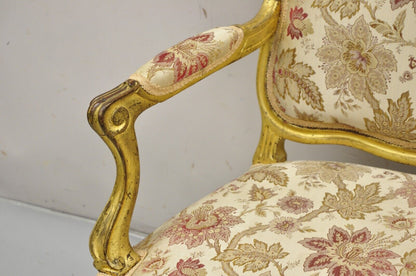 Antique French Louis XV Style Gold Giltwood Floral Carved Upholstered Arm Chair