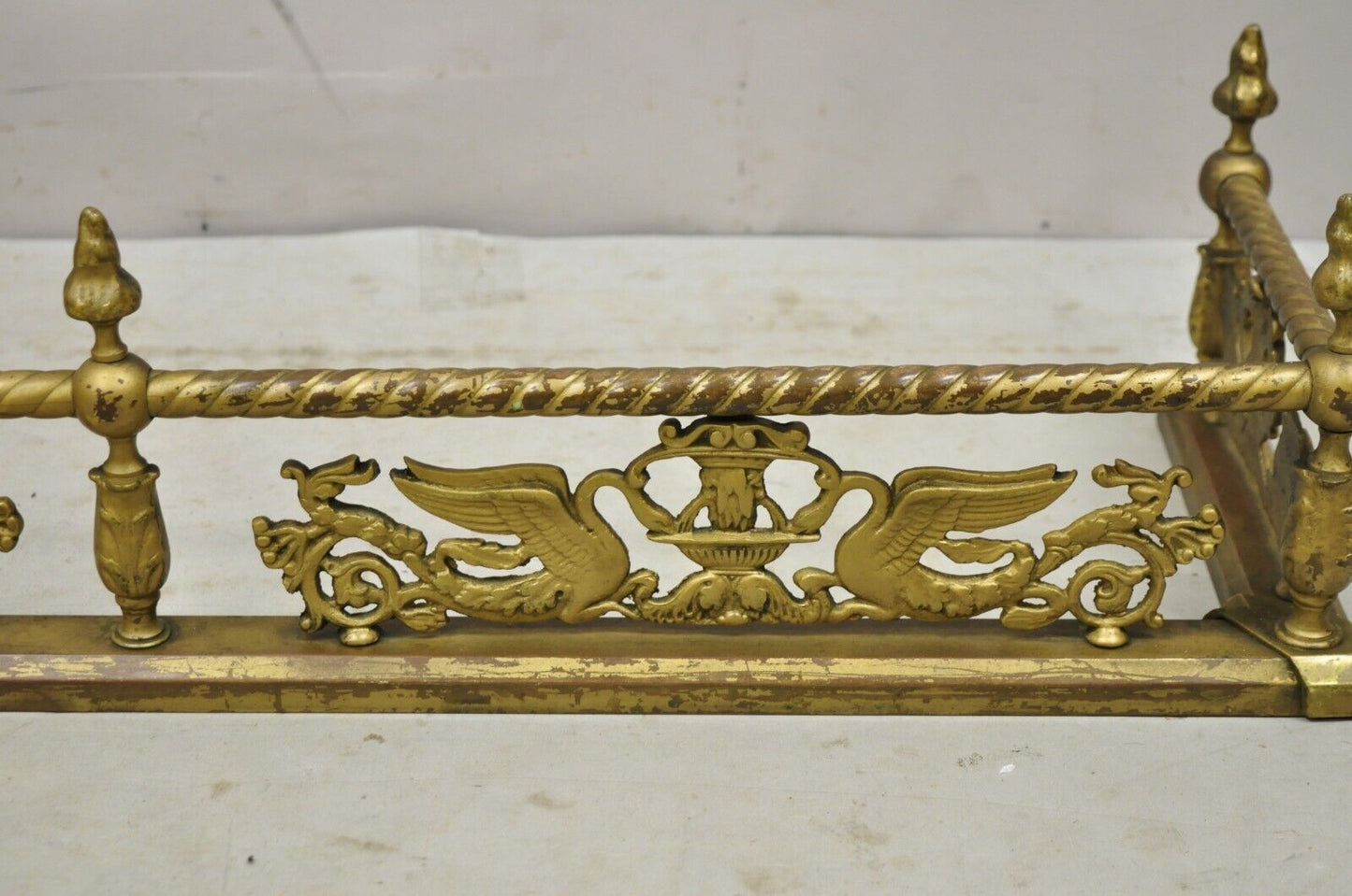 Antique Victorian Figural Swan Bird Twisted Brass 48" Fireplace Fender Hearth