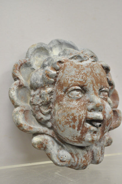 Antique French Neoclassical Small Lead Cherub Head Garden Wall Fountain