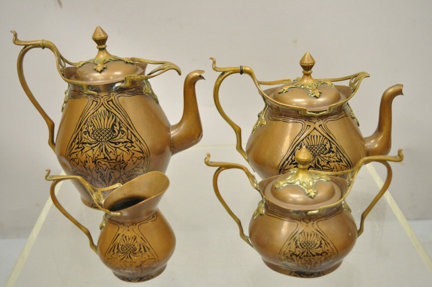 Carl Deffner Copper German Art Nouveau Thistle Tea Set - 4 pc Set