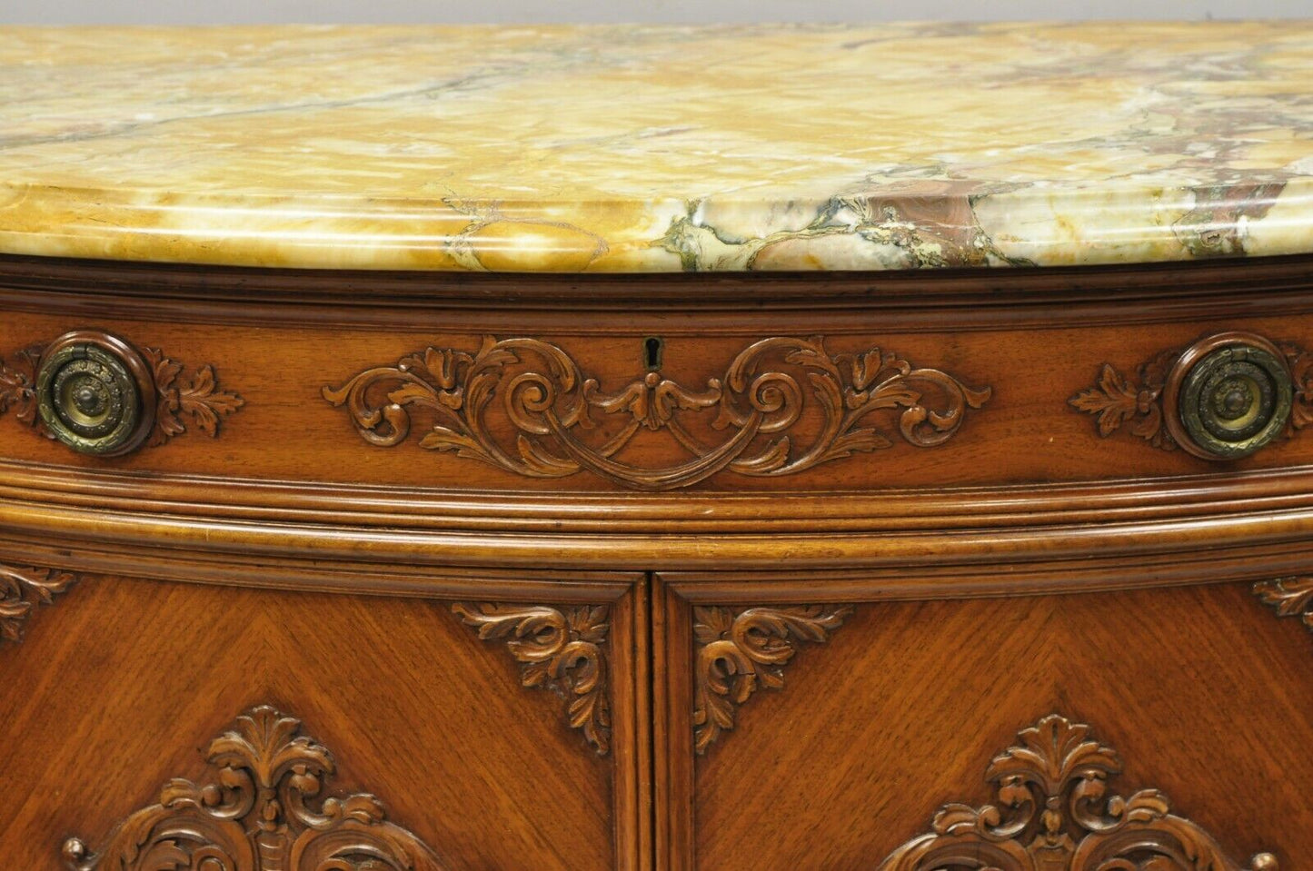French Louis XV Renaissance Rouge Marble Top Demilune Buffet Sideboard Cabinet