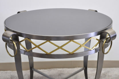 Neoclassical Maison Jansen Style Steel Black Marble Round Bouillotte Side Table