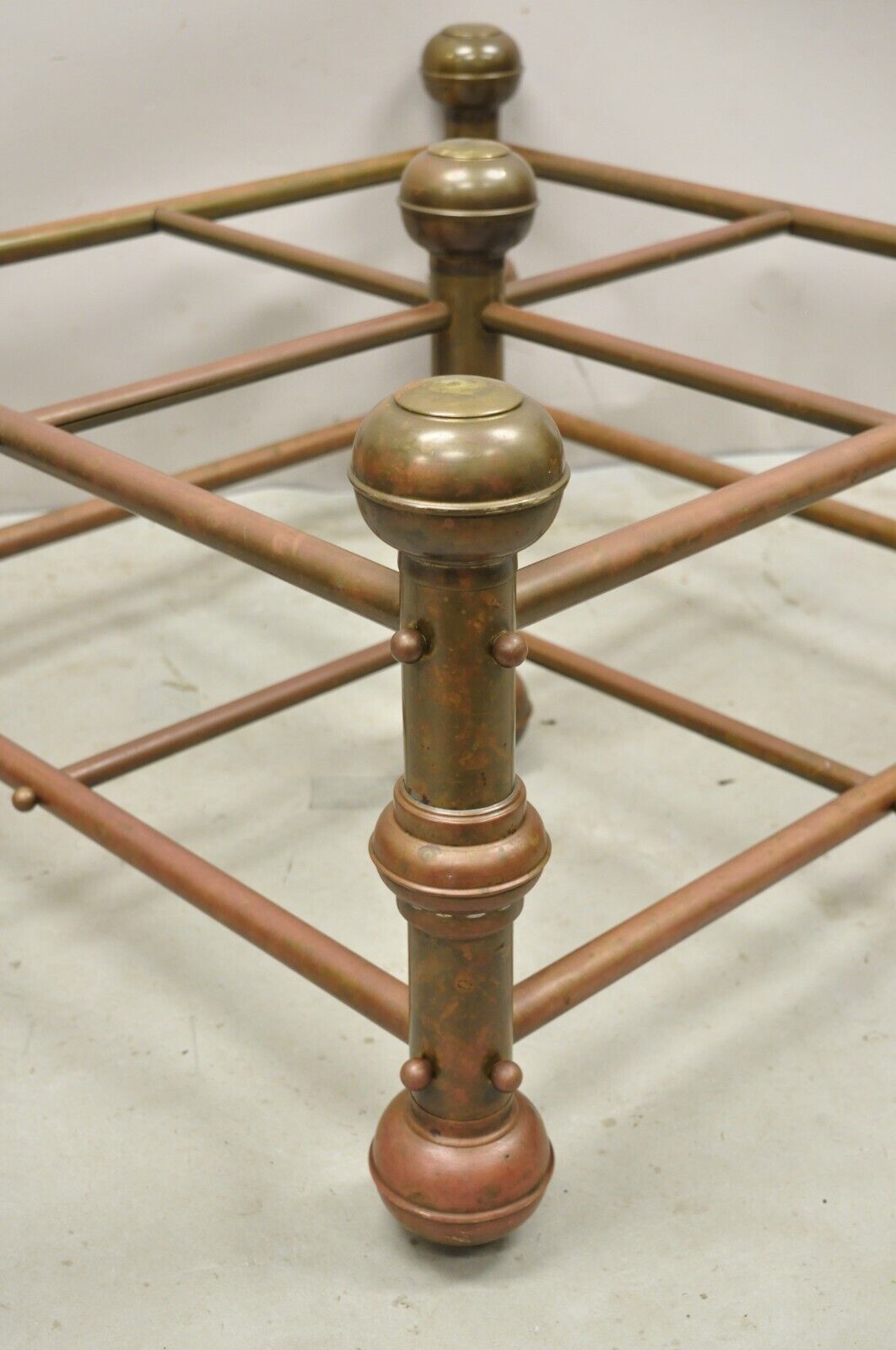 Antique Victorian Turned Brass Bed Style Pipe Post Square Coffee Table Base