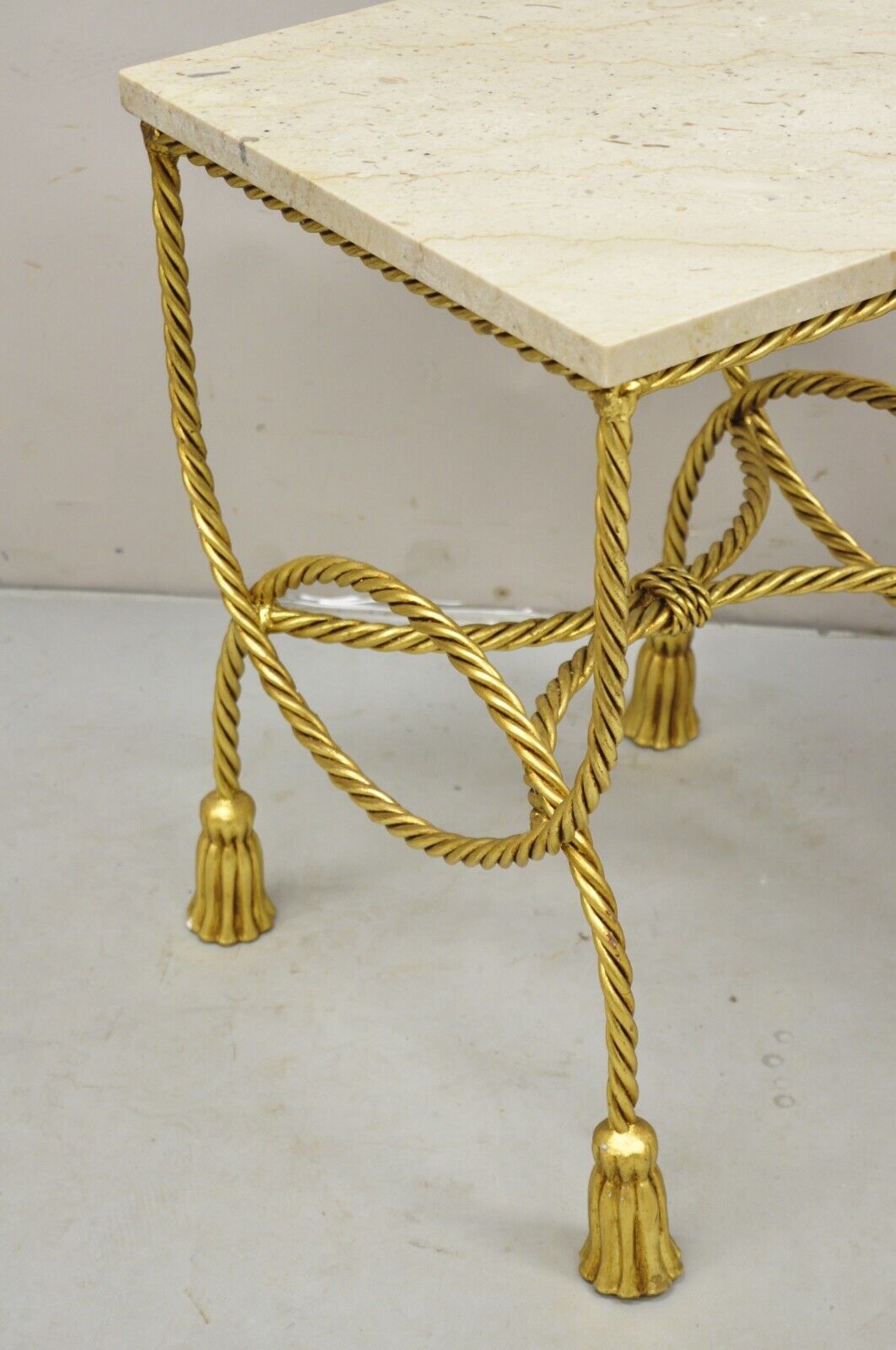 Italian Hollywood Regency Gold Gilt Iron Rope Tassel Marble Top Side Table Pair