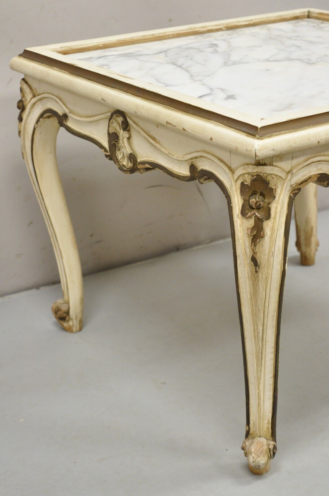 Vintage French Louis XV Style White Painted Marble Top Small Square Coffee Table