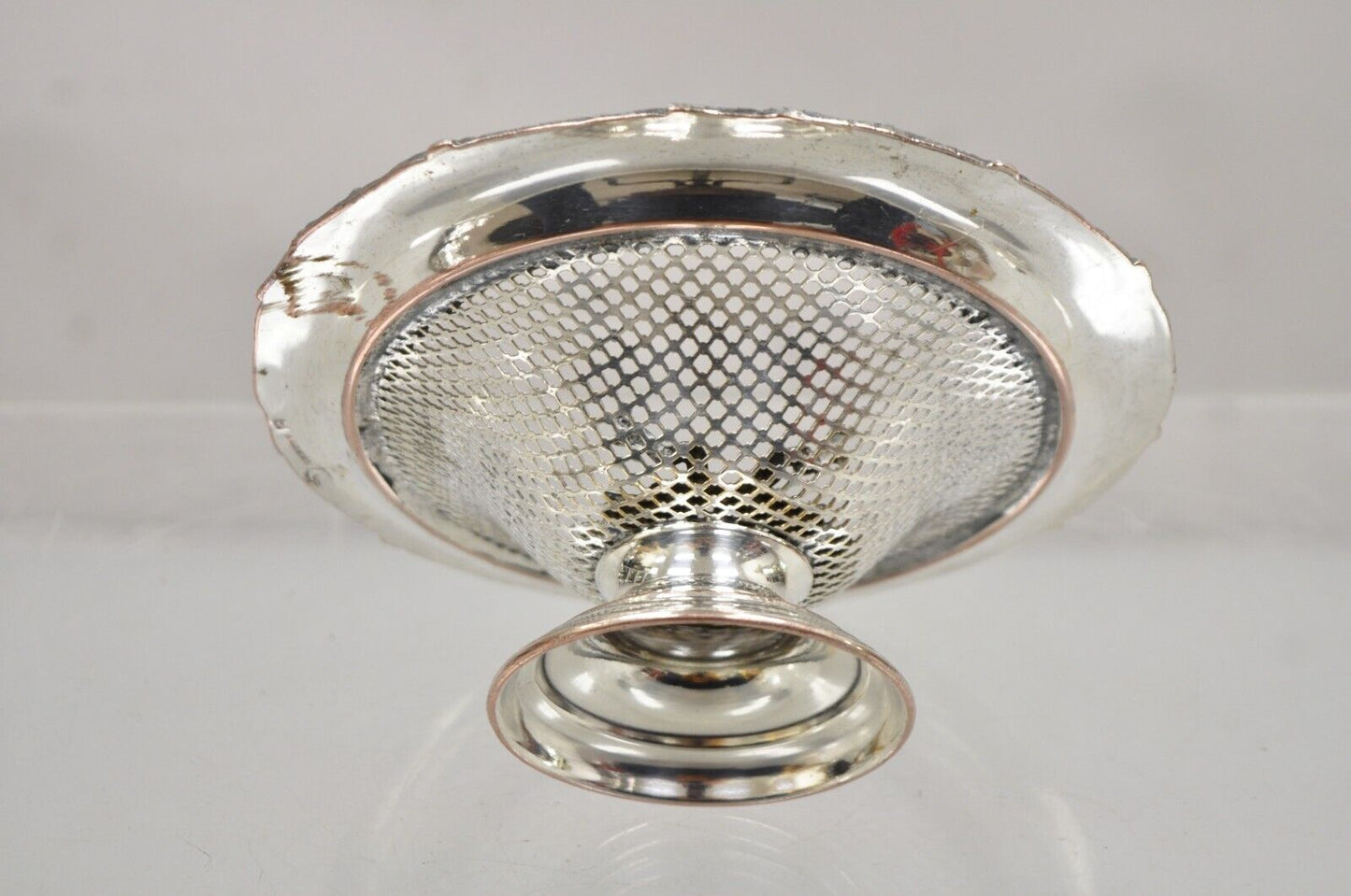 English Edwardian Silver Plated Wreath Design Small Mesh Basket Candy Dish -Pair