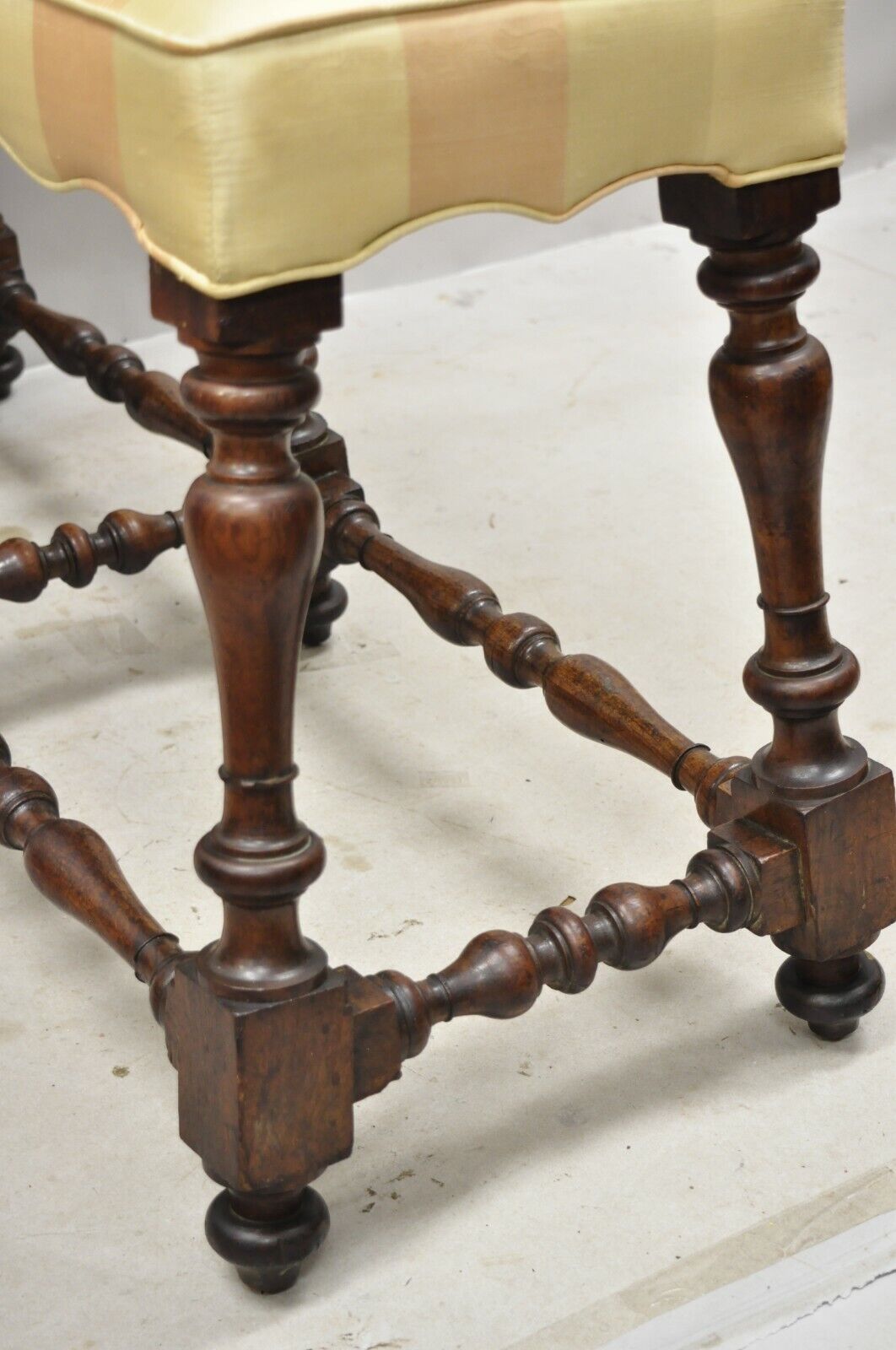 Antique Italian Renaissance Jacobean 6 Turn Carved Walnut Legs Upholstered Bench