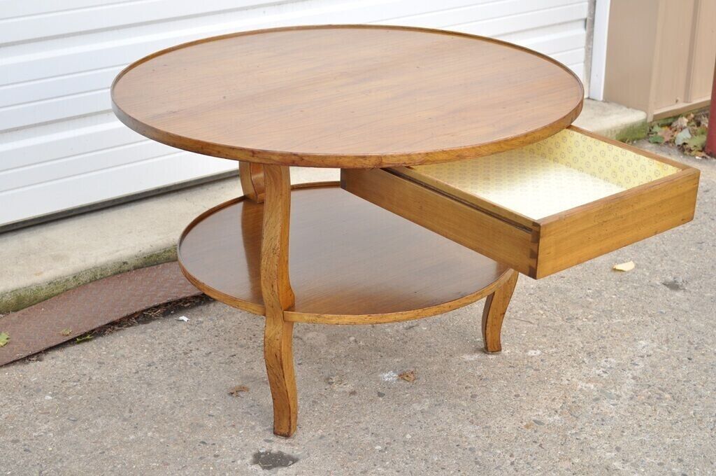 Vintage French Country Provincial Round Cherry Occasional Side Table w/ Drawer