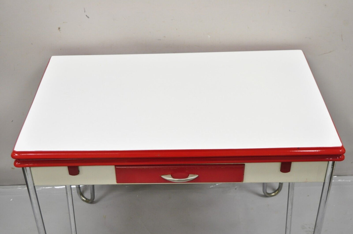 Antique Art Deco Red and White Porcelain Enamel 40” Extension Kitchen Table