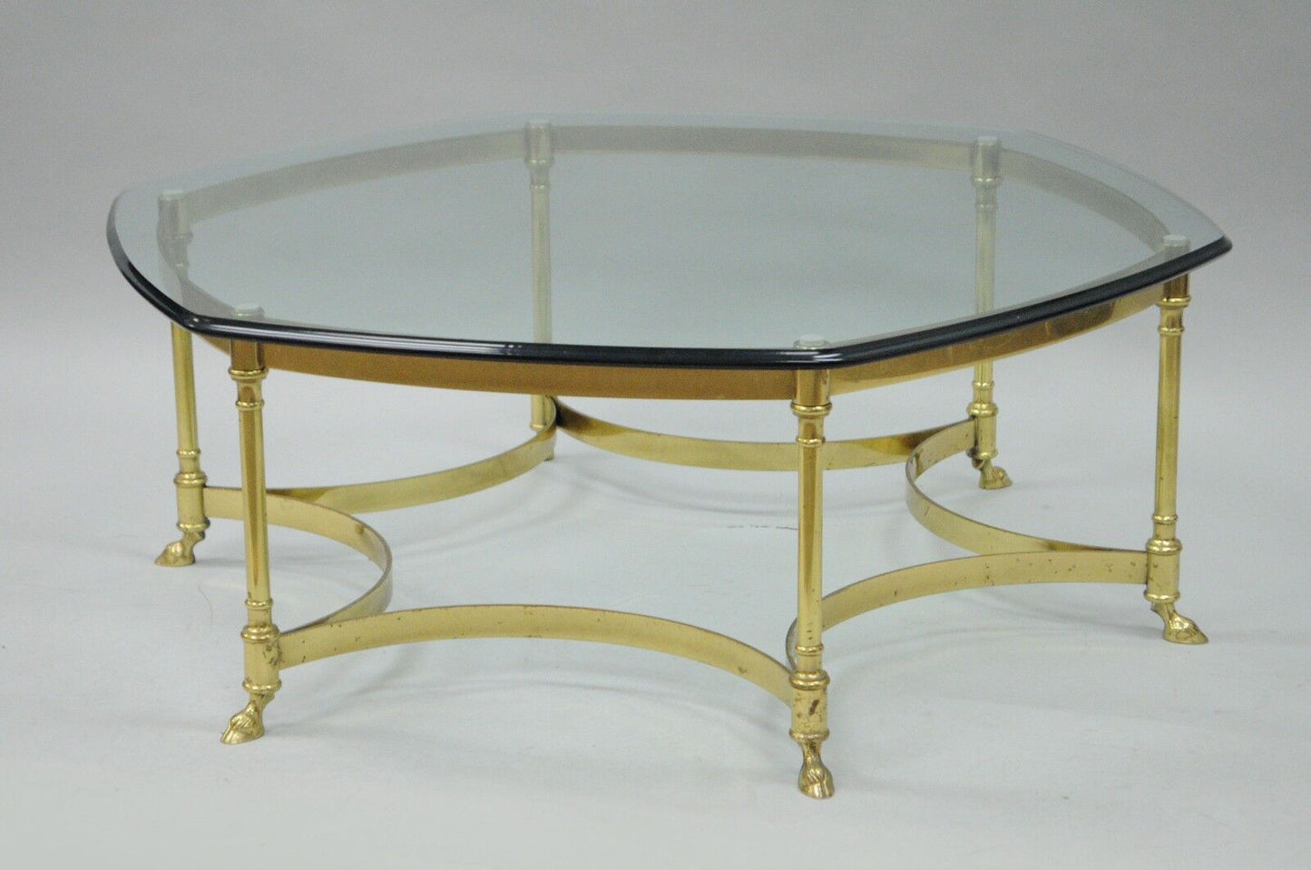 Vintage Labarge Brass Hoof Foot Hollywood Regency Hexagonal Glass Coffee Table