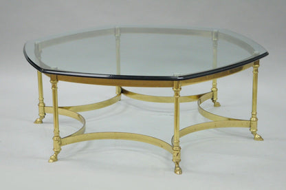 Vintage Labarge Brass Hoof Foot Hollywood Regency Hexagonal Glass Coffee Table