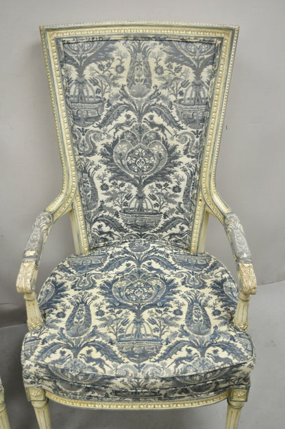 Vintage French Louis XVI Provincial Blue Cream High Back Lounge Chairs - a Pair