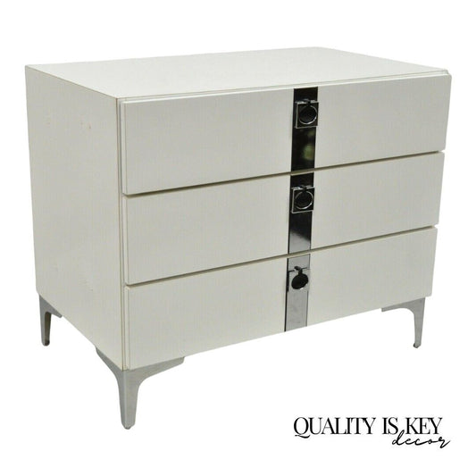 Contemporary Modern White Formica Chrome Trim 3 Drawer Chest Nightstand Table