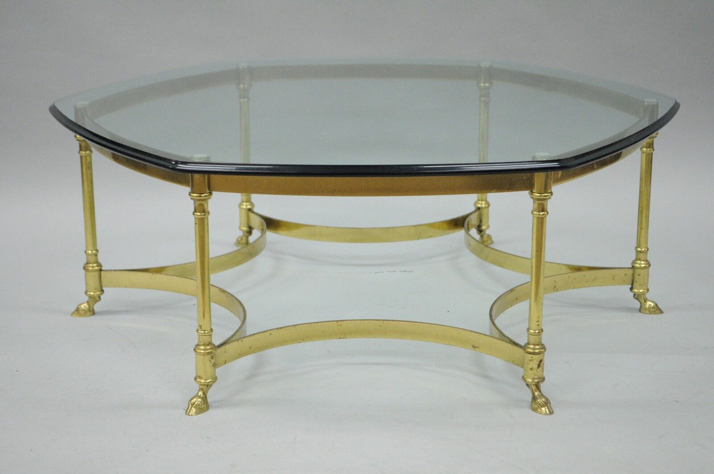 Vintage Labarge Brass Hoof Foot Hollywood Regency Hexagonal Glass Coffee Table