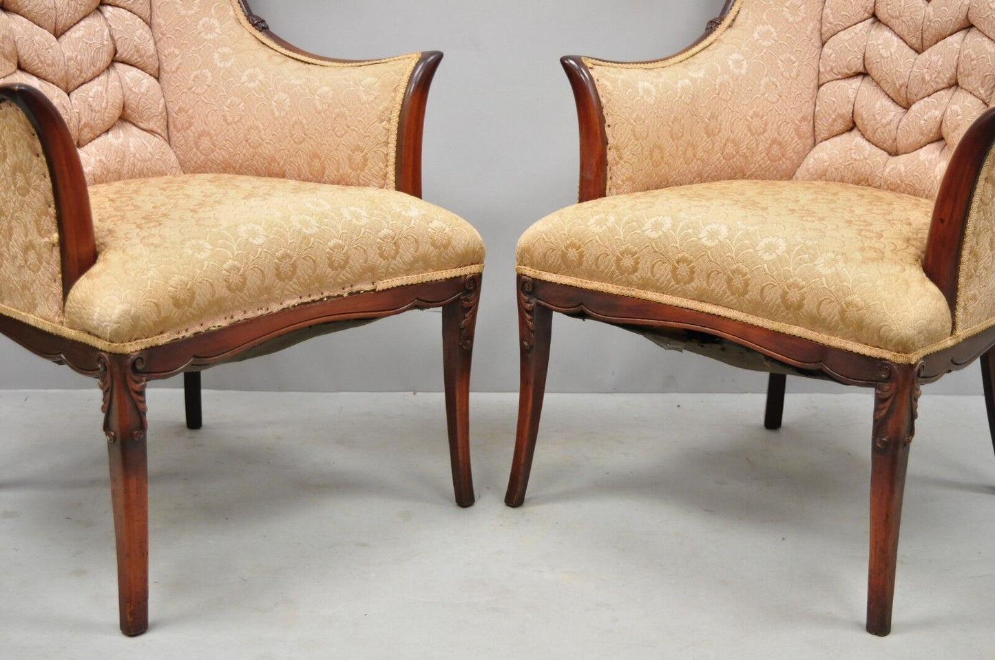 Pair Vtg Hollywood Regency French Style Mahogany Armchairs After Dorothy Drapes