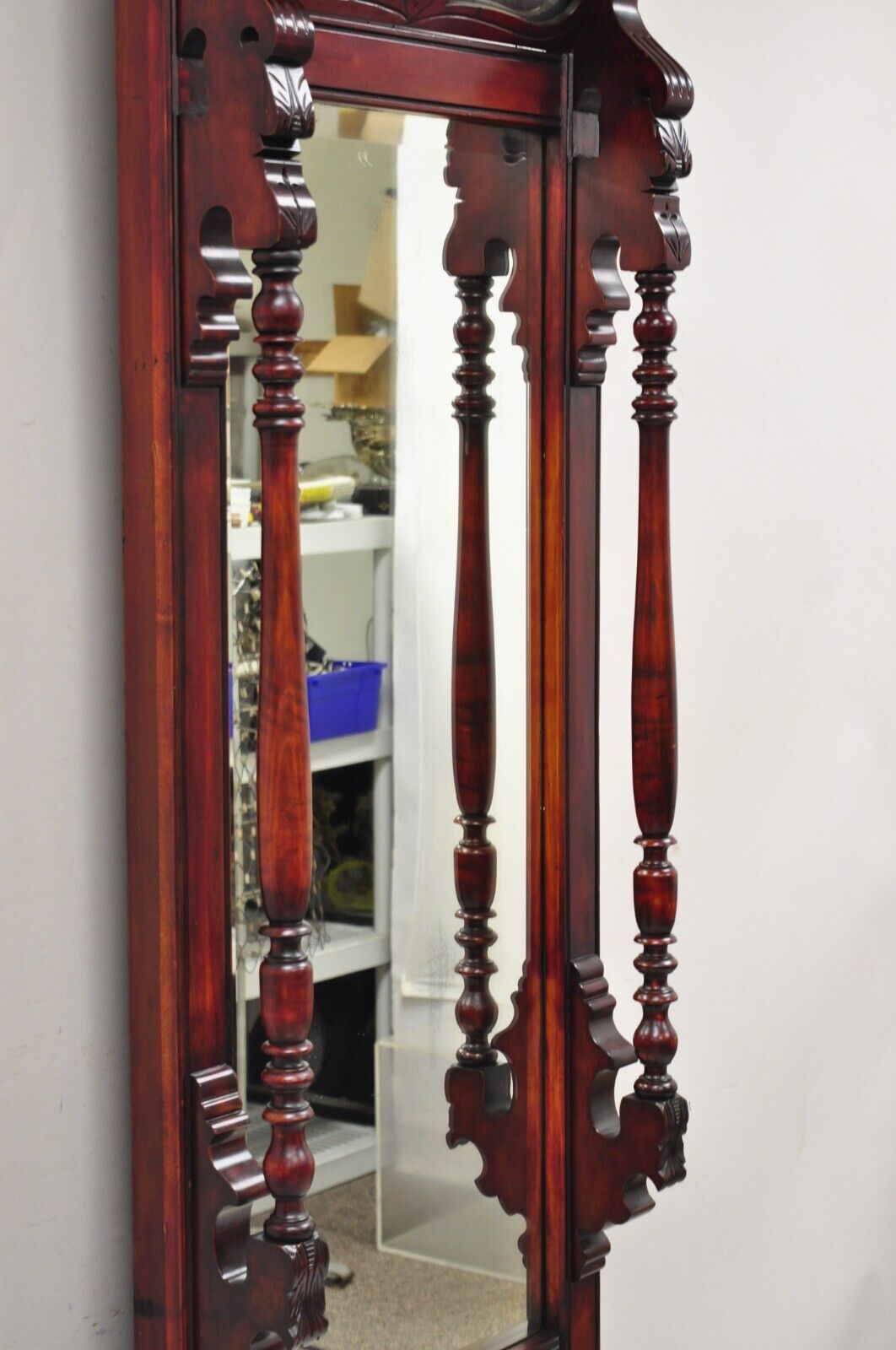 Antique Eastlake Victorian Carved Walnut & Marble Tall Pier Mirror Hall Tree