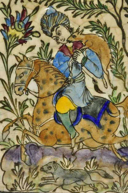 Antique Persian Iznik Qajar Style Ceramic Pottery Tile Horse Rider Hunt Scene C1