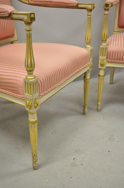 Pair Italian Neoclassical Parcel Gilt Cream Louis XVI Directoire Arm Chairs (A)