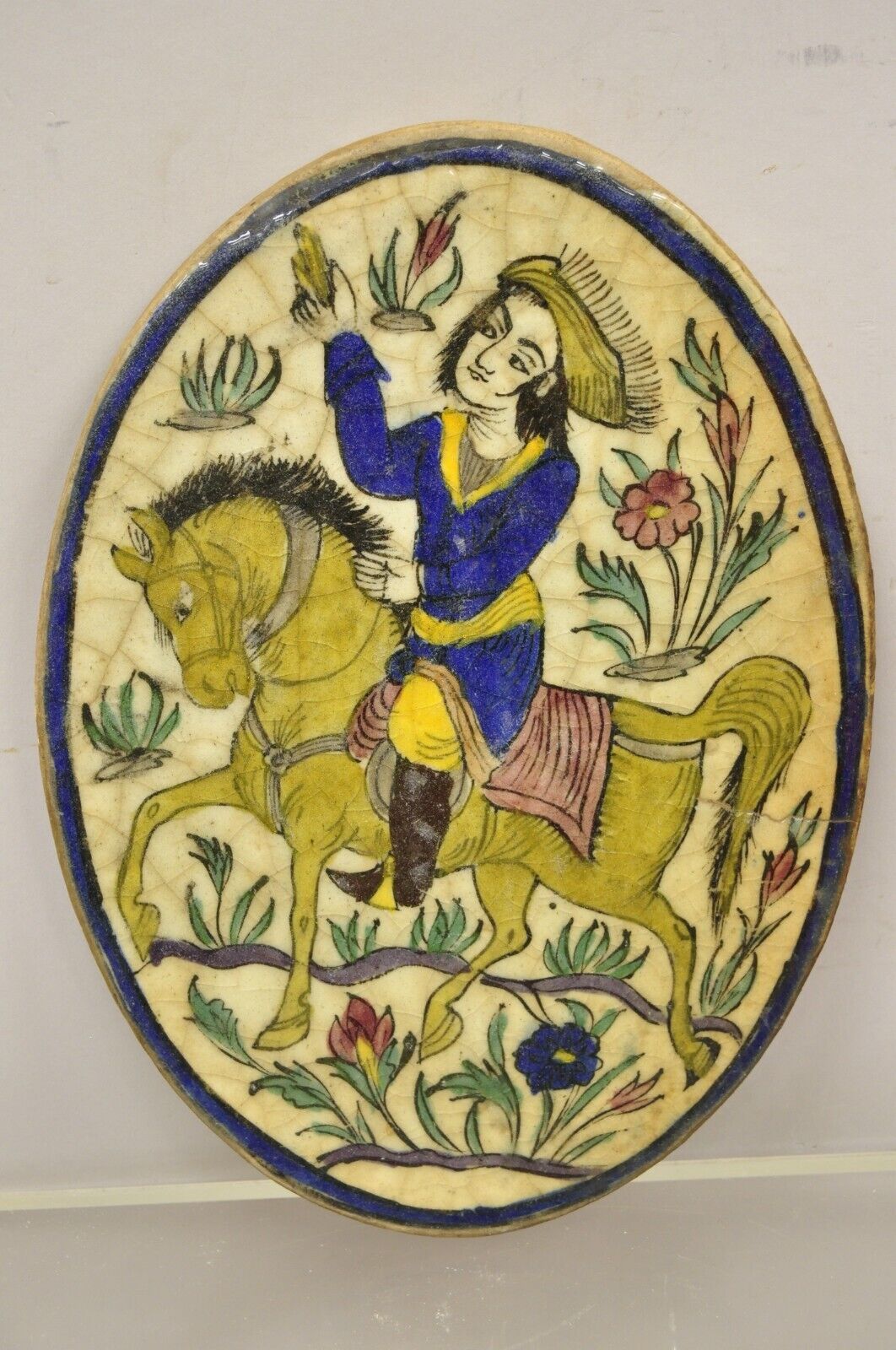 Antique Persian Iznik Qajar Style Ceramic Pottery Oval Tile Blue Horse Rider C3