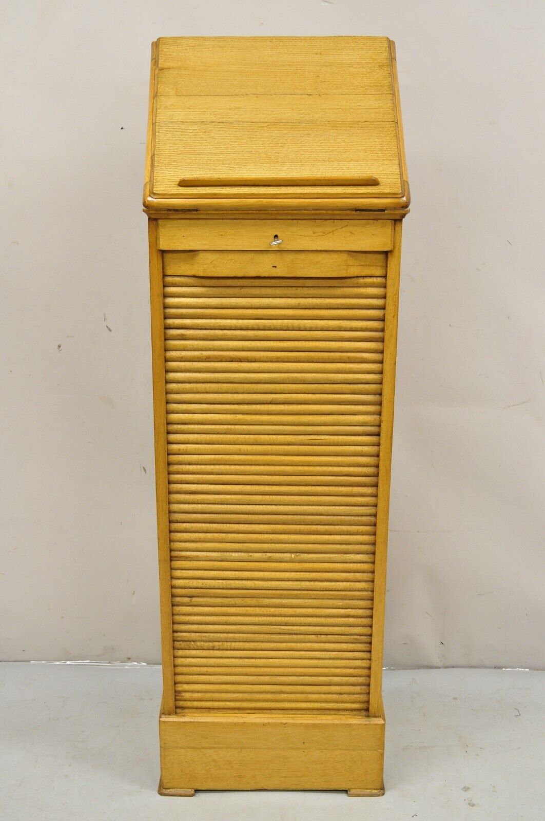 Antique Arts & Crafts Oak & Maple Wood Tambour Shutter Door Filing Cabinet