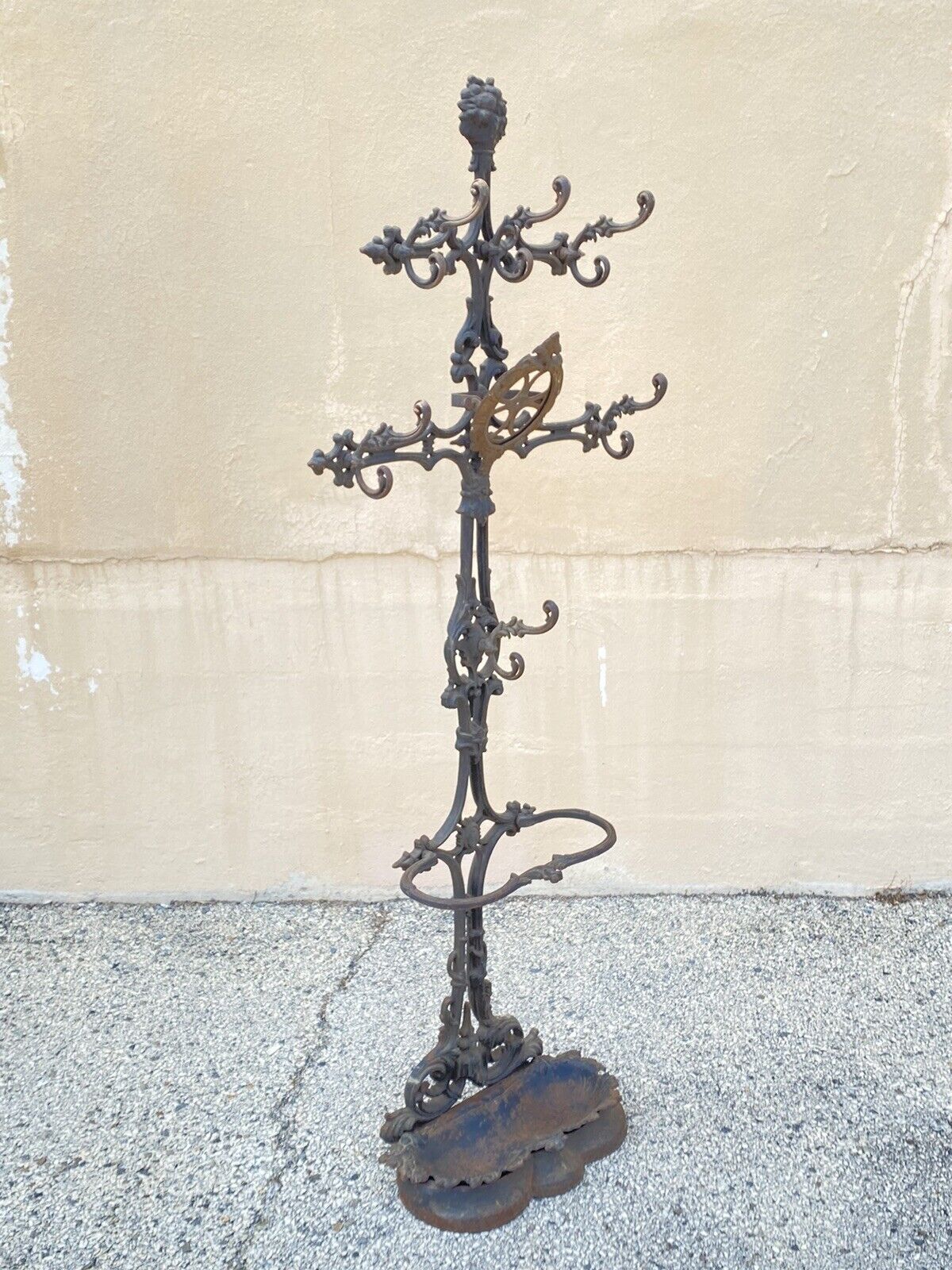 19th C. Antique Victorian Cast Iron Rococo Hall Tree Coat Hook Umbrella Stand