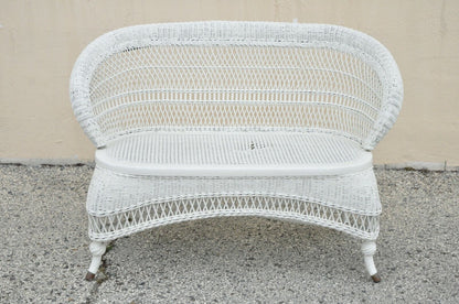 Antique Victorian White Wicker Barrel Back Small Settee Loveseat Sofa Cane Seat