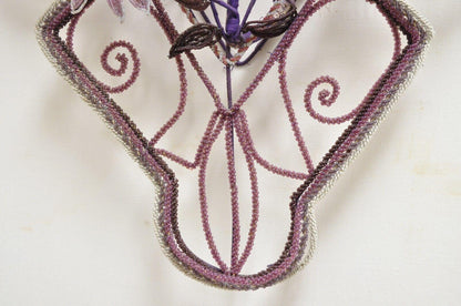 French Victorian Glass Beaded Purple Flower Casket Wreath Wall Sculpture (B)