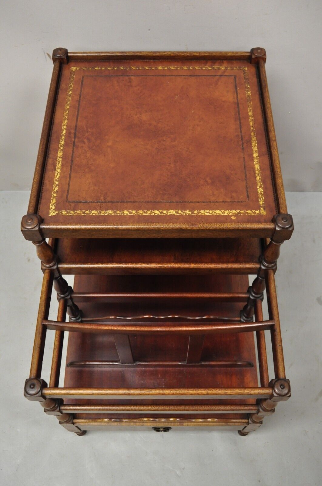 Henry Fuldner Sons Mahogany Leather Top Side End Table Canterbury Magazine Rack