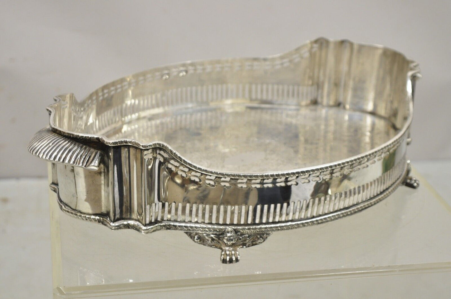 Vtg Silver Plated Shapely Serving Platter Tray with Pierced Gallery on Paw Feet