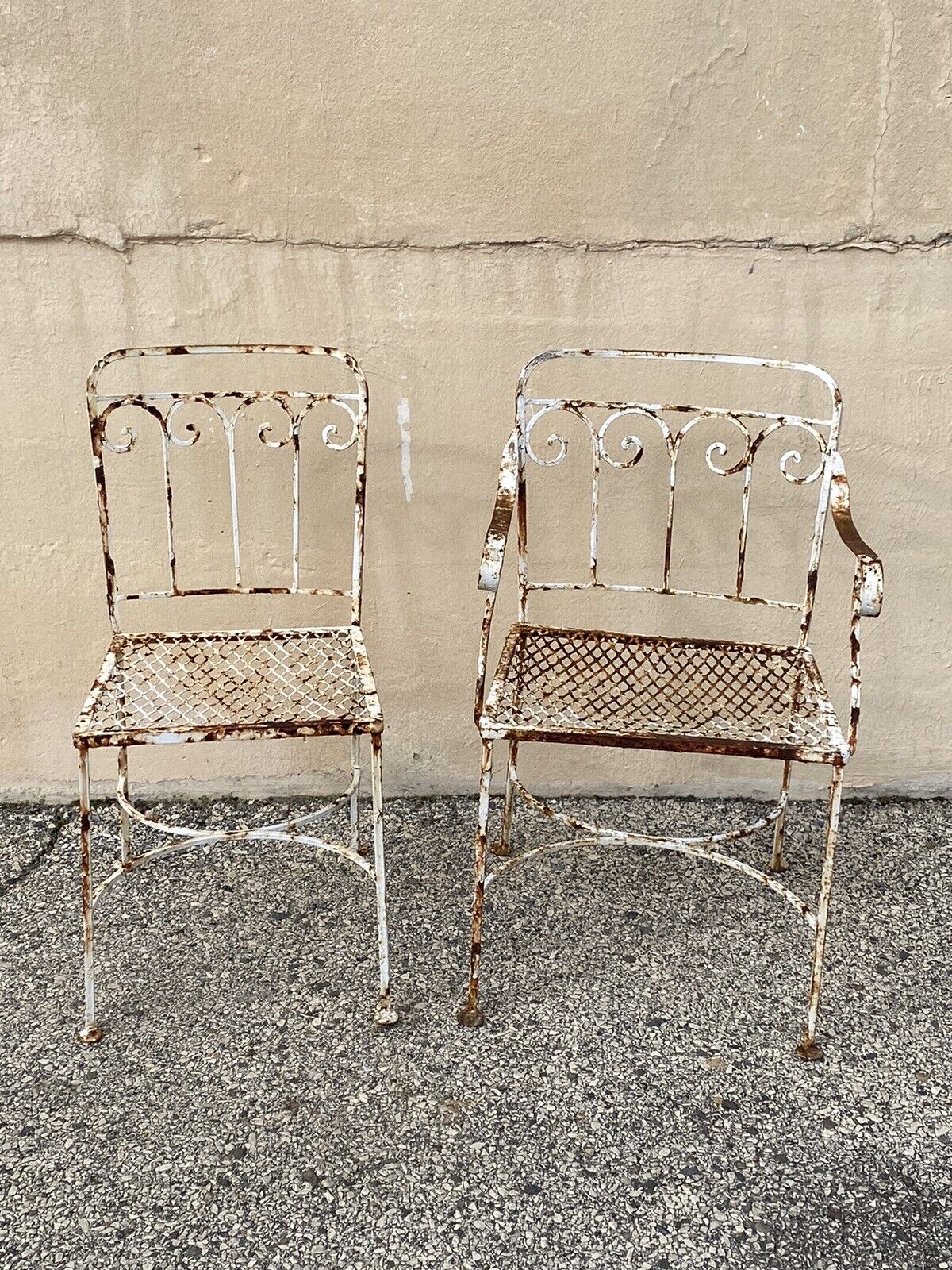 Antique Art Nouveau Scrolling Wrought Iron Garden Patio Dining Chairs - A Pair