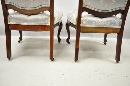 Victorian Floral Scrollwork Carved Mahogany Parlor Slipper Side Chairs - a Pair
