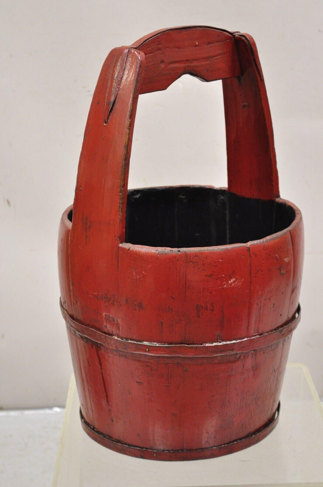 Vintage Rustic Primitive Chinese Wooden Red Painted Water Bucket with Handle