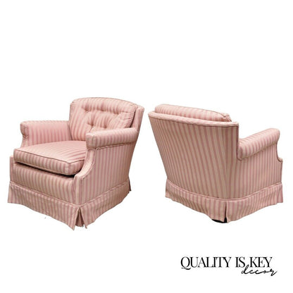 Pair Vintage Custom Pink Candy Stripe Upholstered Swivel Tilt Club Lounge Chairs