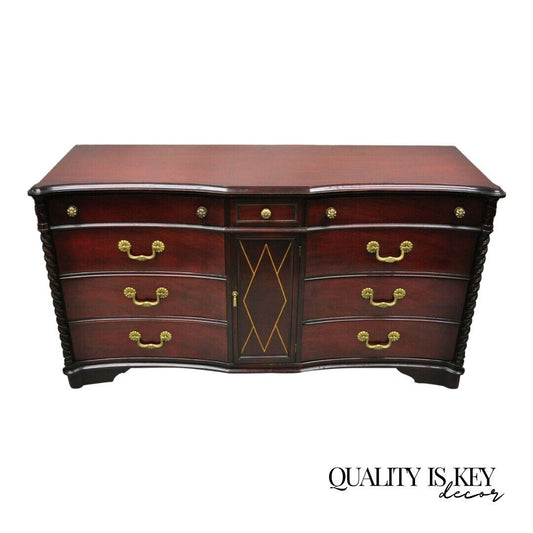 Mahogany Chinese Chippendale Long Dresser Credenza w/ Tooled Leather Door Front