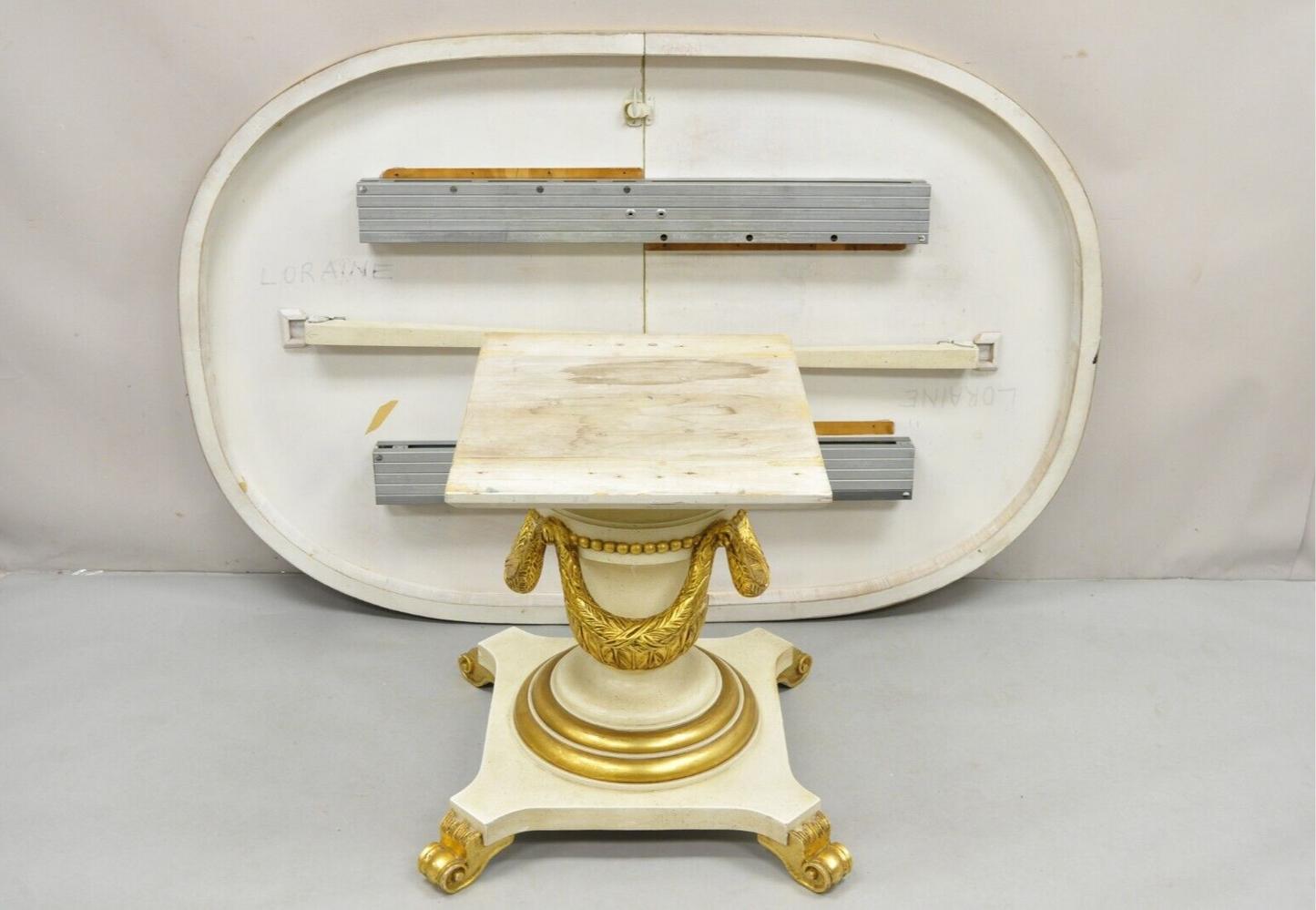 Italian Regency Cream & Gold Gilt Lacquered Urn Pedestal Dining Table - 3 Leaves