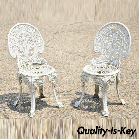 Antique French Victorian Cast Iron Foliate Leaf Pattern White Garden Chair, Pair