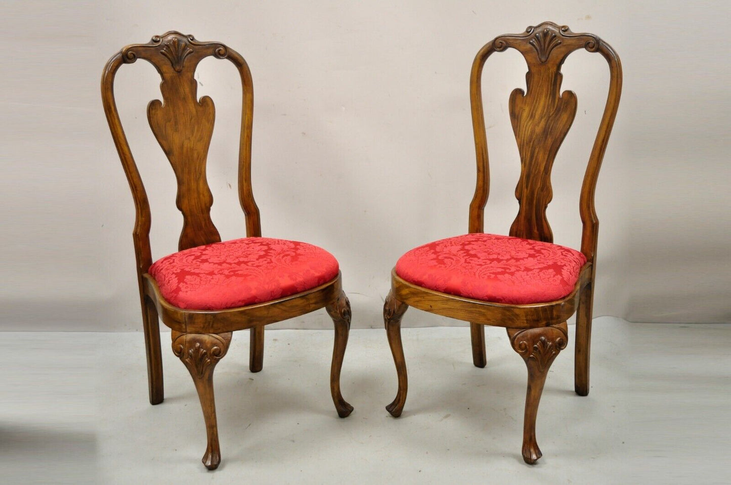 Vintage Queen Anne Style Shell Carved Solid Wood Dining Chairs - Set of 8