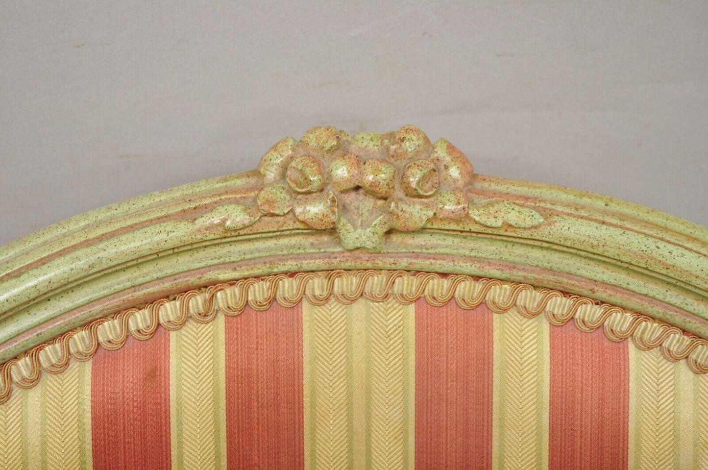 Vtg French Louis XV Style Green & Pink Painted Arm Chair Fauteuil Striped Fabric