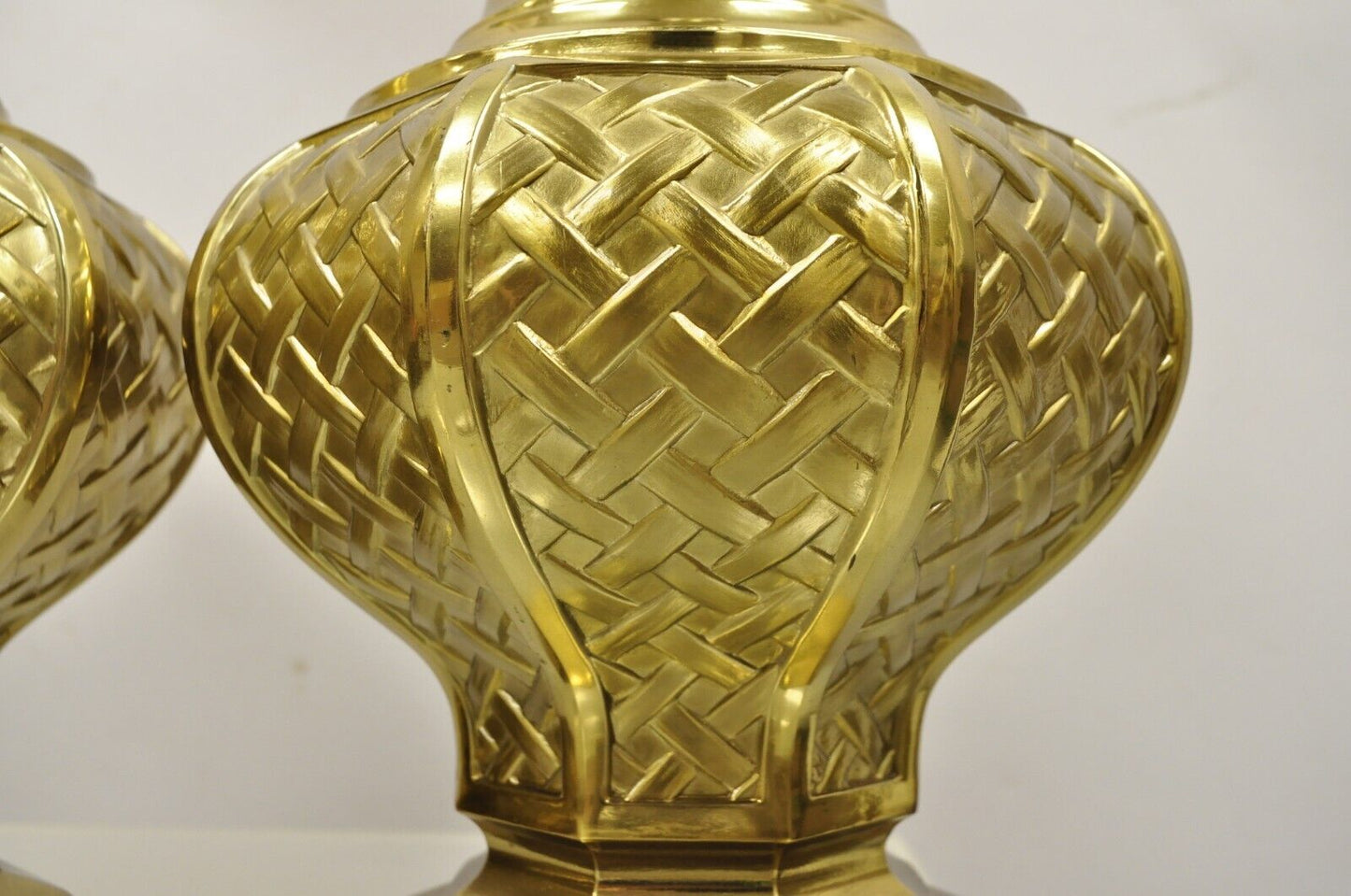 Vintage Brass Woven Basket Basketweave Hollywood Regency Table Lamps - a Pair