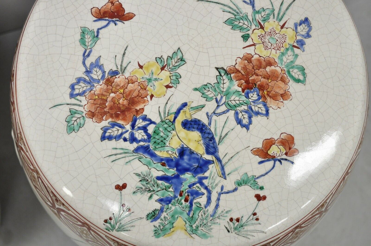 Vintage Porcelain Ceramic Chinoiseries Oriental Red Blue Garden Seat - a Pair