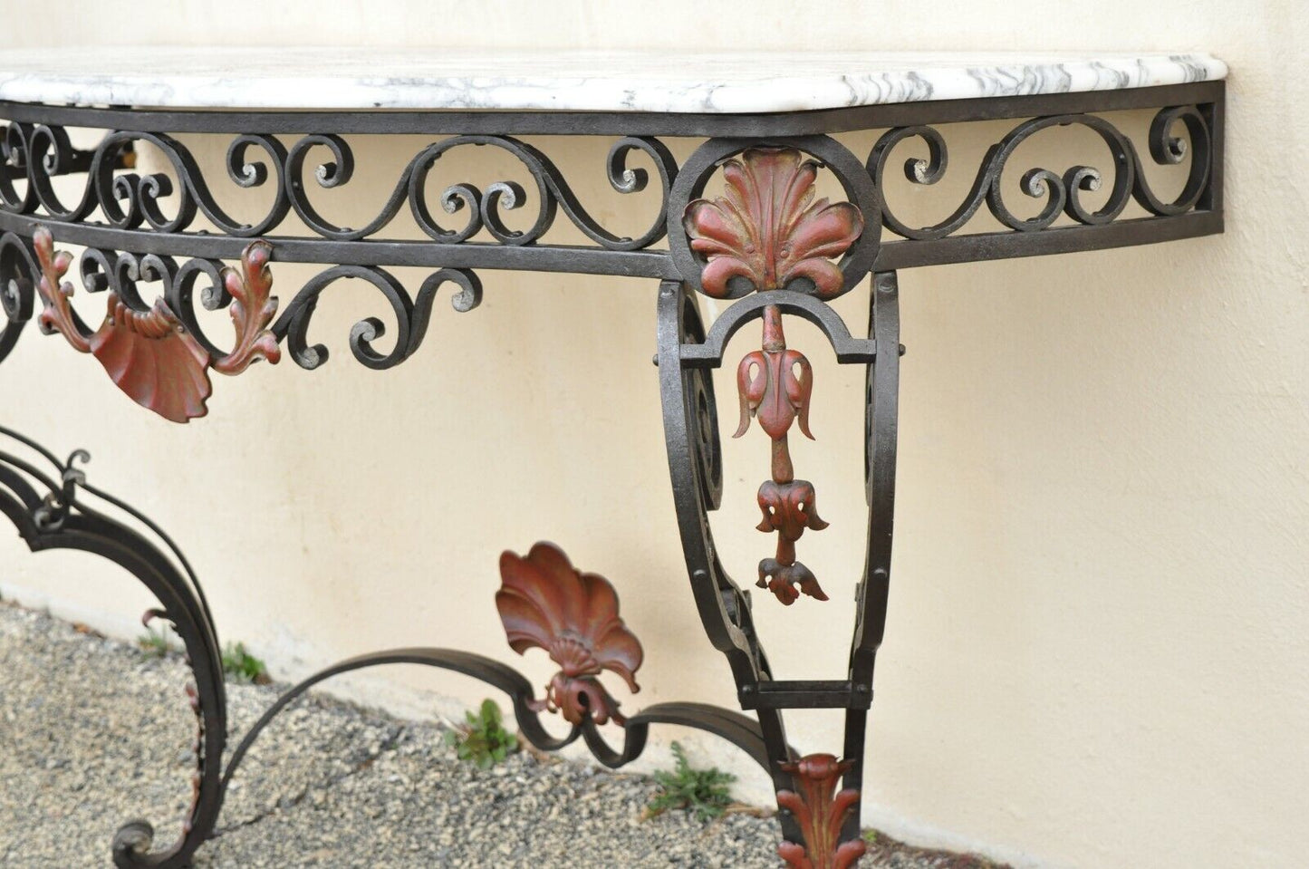 Antique French Art Nouveau Marble Top Wrought Iron Wall Mount Console Hall Table