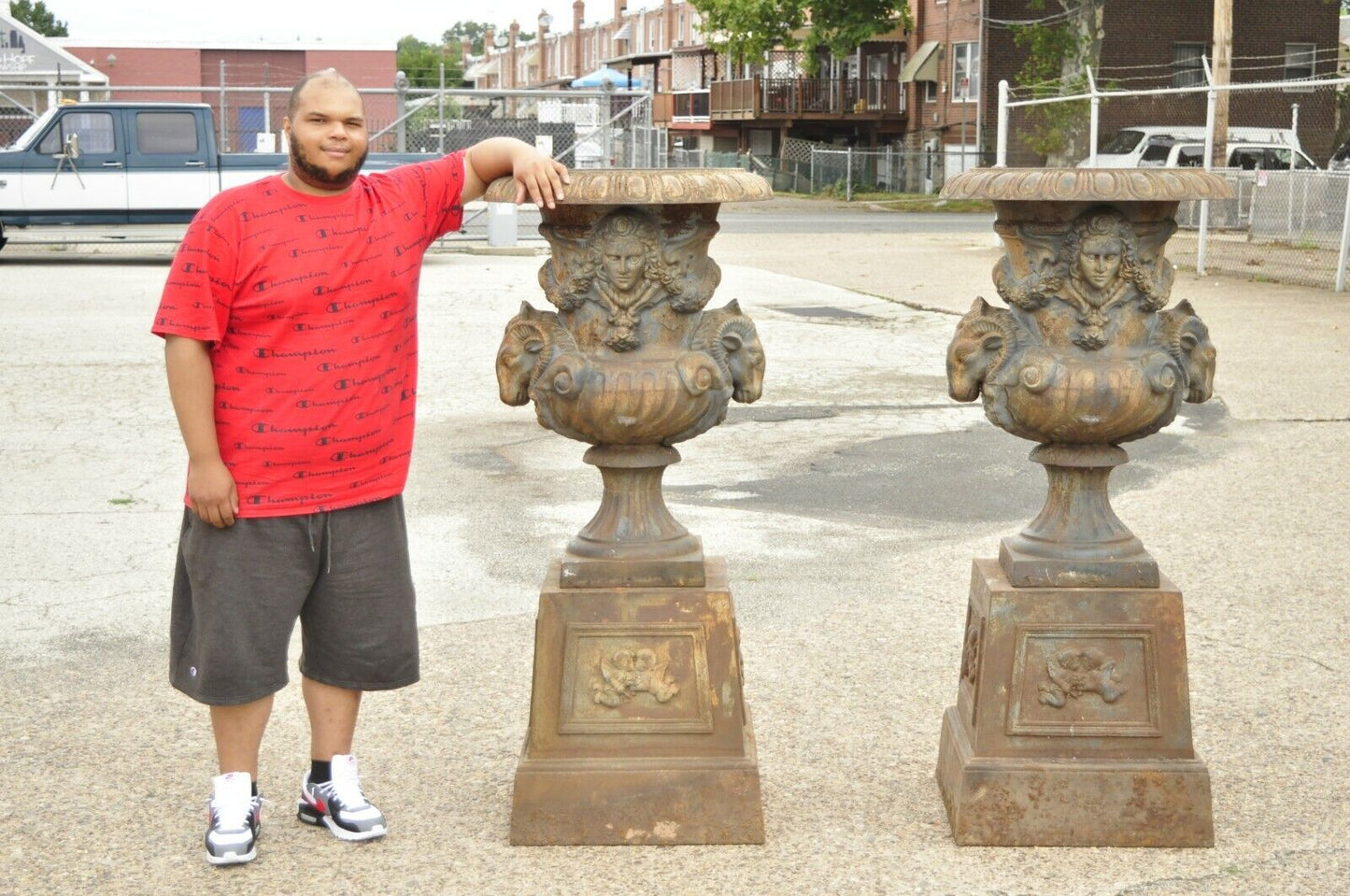 French Empire Regency Large Cast Iron Rams Head Garden Urn Planters - a Pair