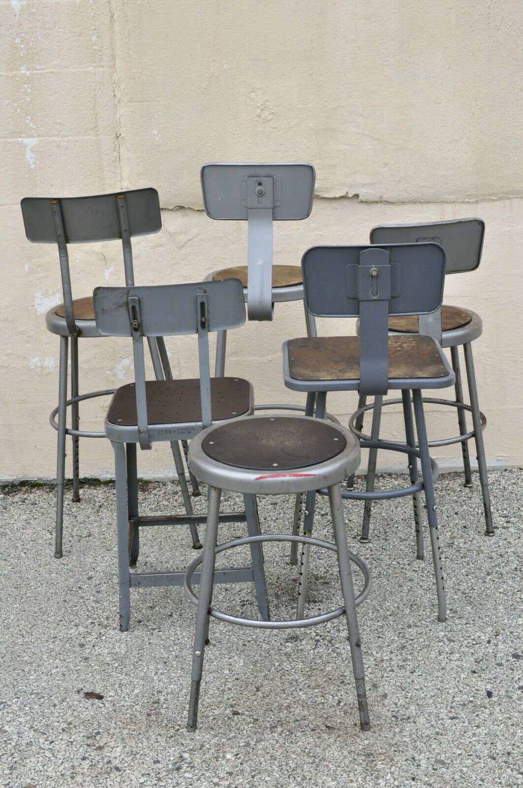 Group Lot of Six Vintage Industrial Steel Metal Drafting Work Stools Chairs