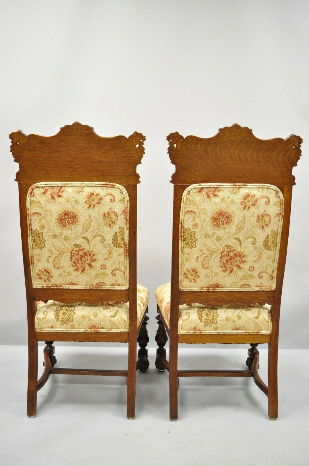 Pair 19th C. Carved Oak Winged Griffin Paw Foot Dining Chairs Attr. RJ Horner