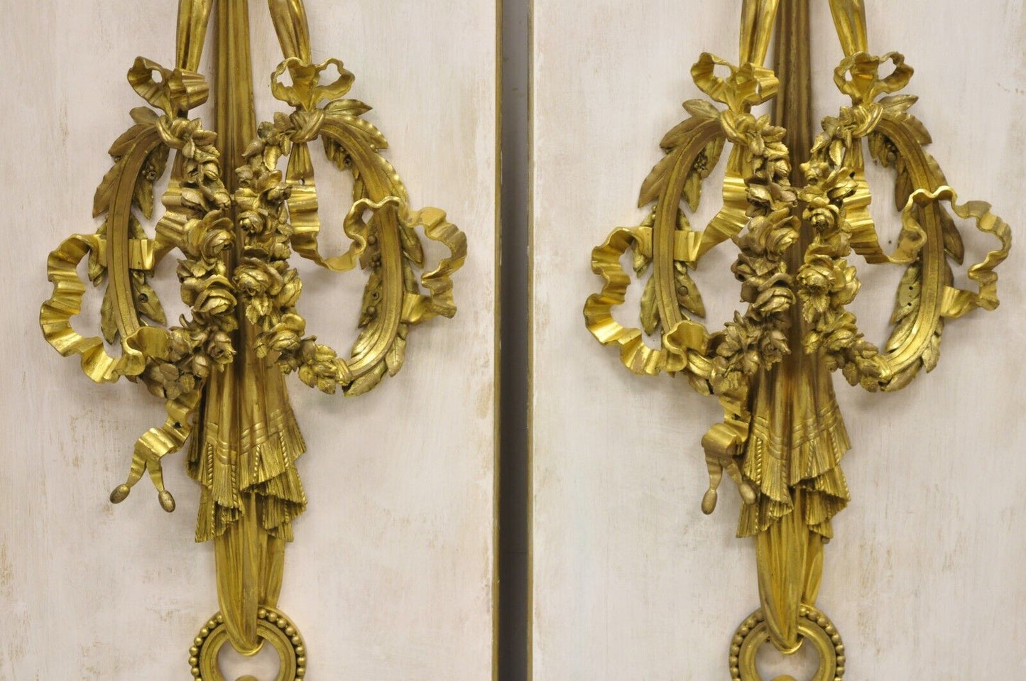 French Louis XV Gold Gilt Bronze Ribbon Drape Large Wall Plaque Sconces - a Pair