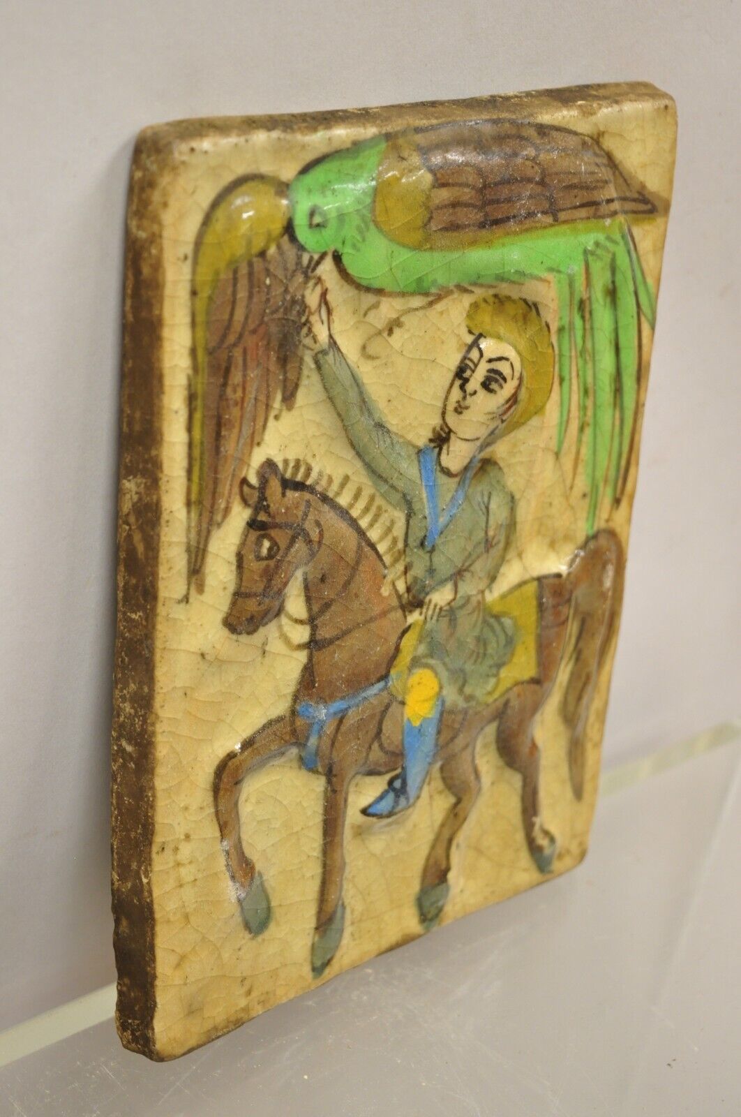 Antique Persian Iznik Qajar Style Ceramic Pottery Tile Green Phoenix Bird C4