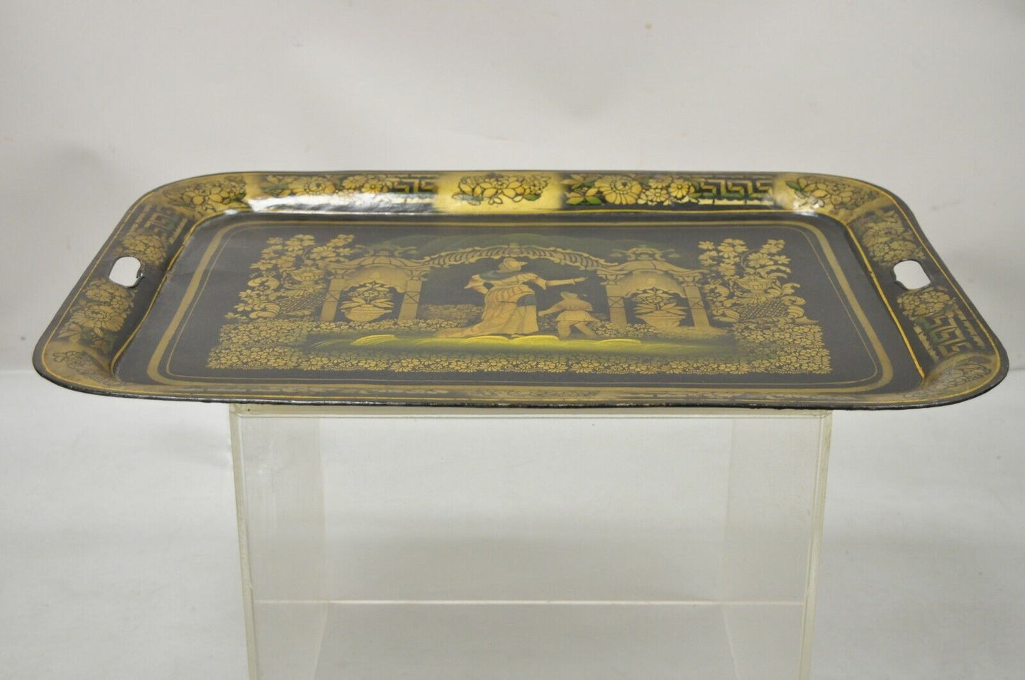Antique French Country Tole Metal Black Gold 26" Garden Scene Platter Tray