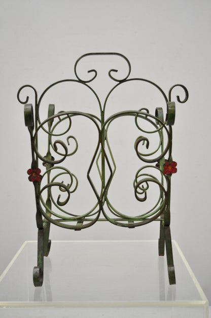 Antique Art Nouveau French Style Wrought Iron Small Green Magazine Rack Flowers