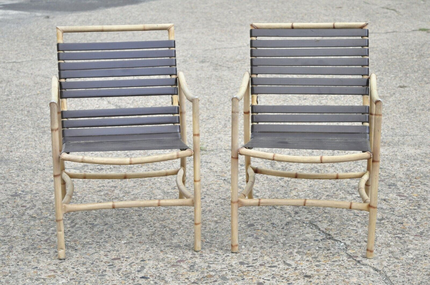 Faux Bamboo Chinese Chippendale Aluminum Vinyl Strap Patio Arm Chairs - a Pair